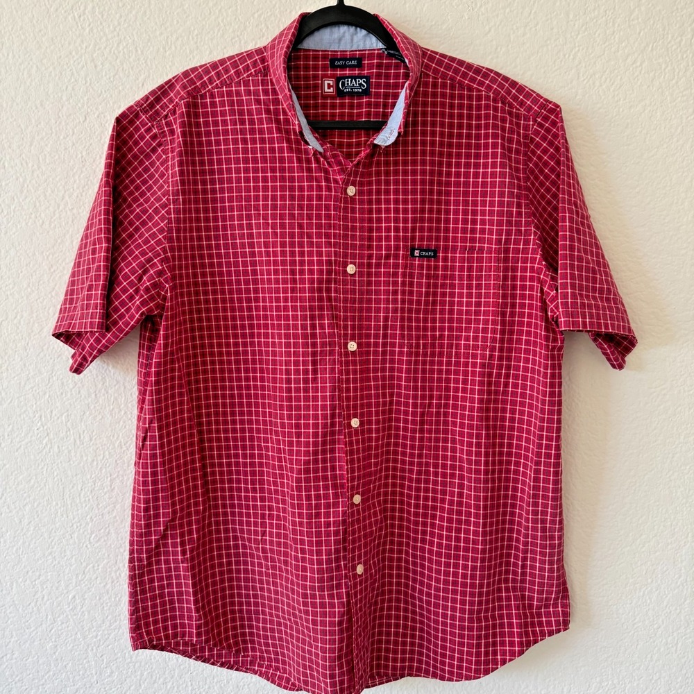 Chaps Button Down Shirt Mens XL Red Plaid Short Sleeve Easy Care Pocket